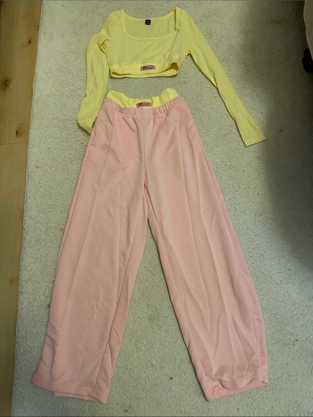 Yellow Ribbed Long Sleeve Crop Top and Pink Wide Leg Bottoms Set